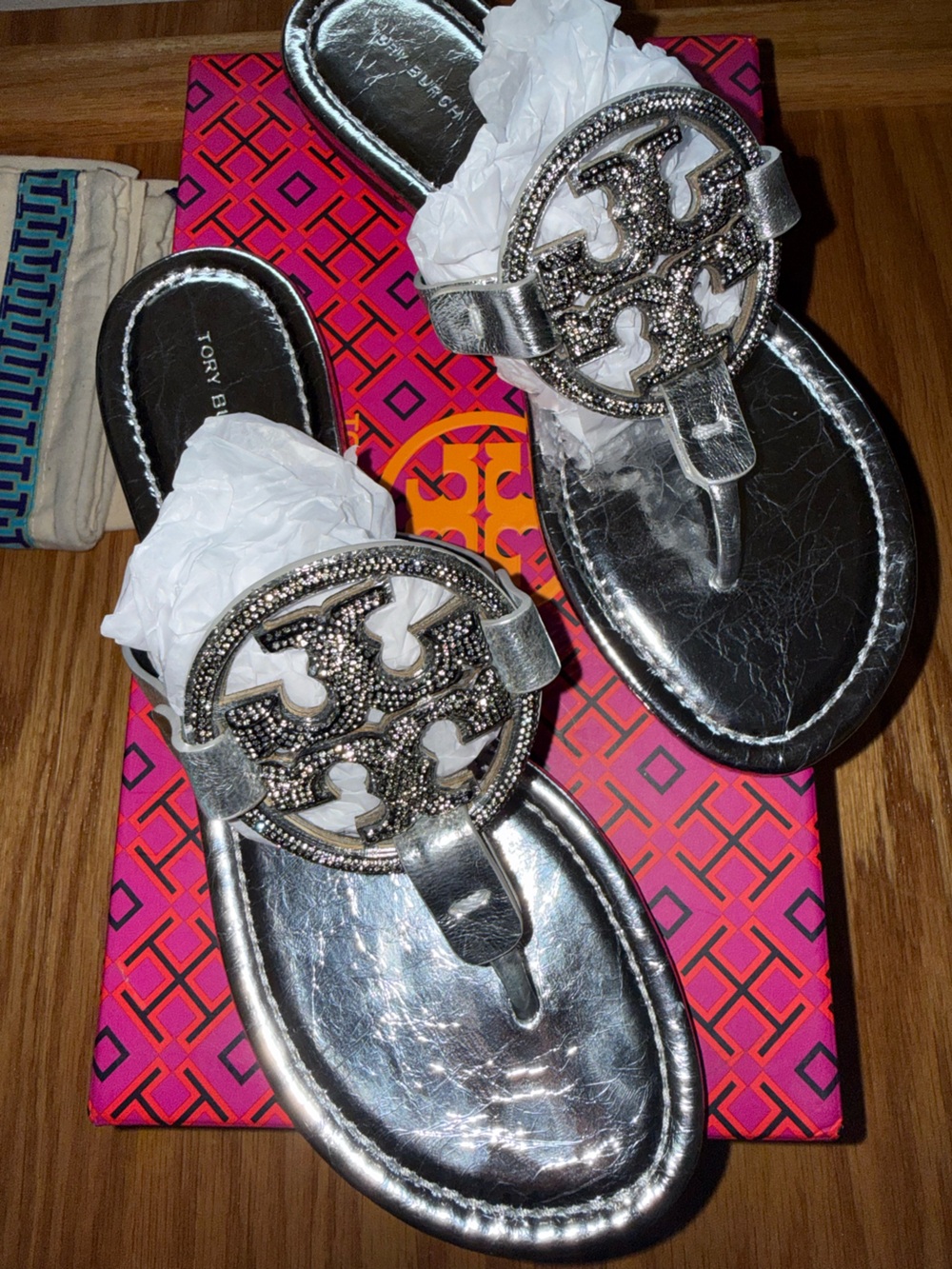 Tory Burch Silver Metallic Logo Thong Sandals